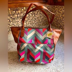 NWT Genuine Fossil Fiona Brown Leather & Multi Color Fabric Large Tote Bag